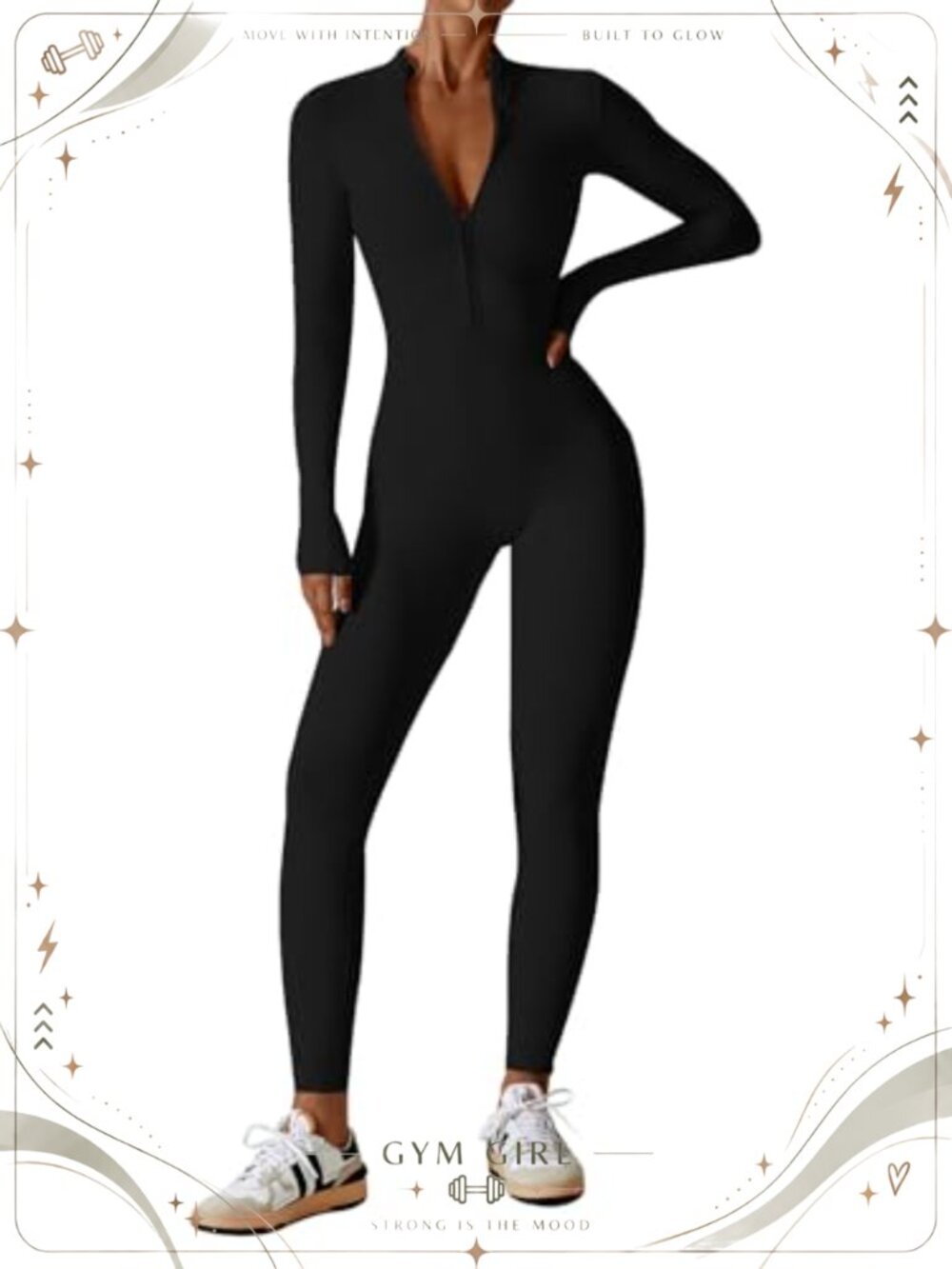 Women's One Piece Workout Jumpsuit Zip Long Sleeve Yoga Romper